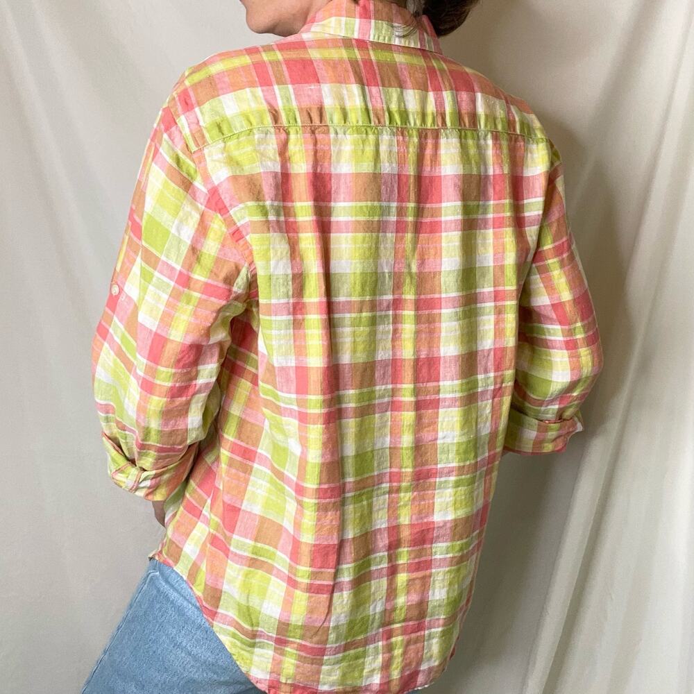 Vintage linen button-down shirt long sleeve plaid blouse watermelon pink green M - Picture 12 of 17